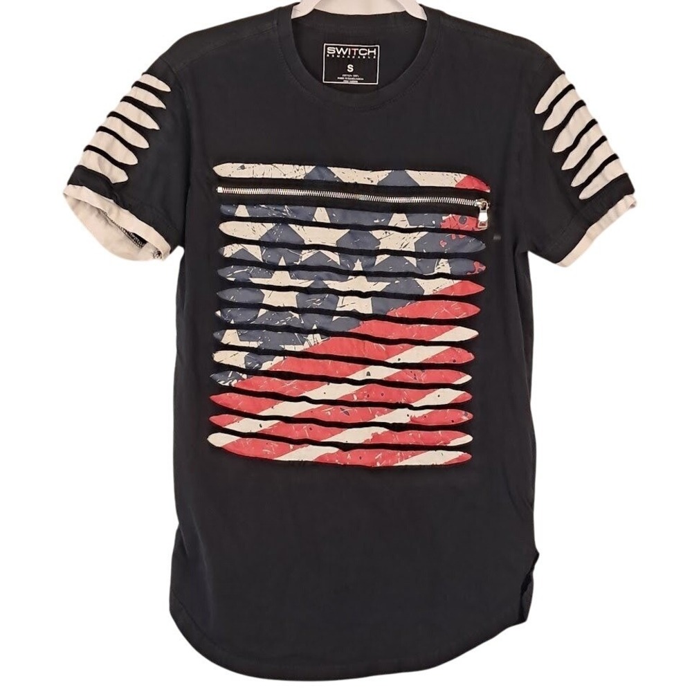 SWITCH REMARKABLE S Mens Razor Cut Black T-Shirt American‎ Flag Streetwear